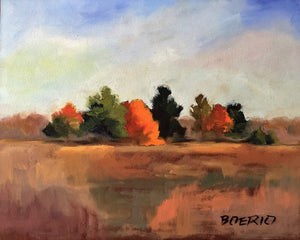 original oil painting of colorful fall leaves on trees in a field in fall/autumn by carrie lacey boerio